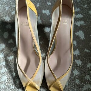 Stuart Weitzman Mesh heels trimmed in camel colored patent leather